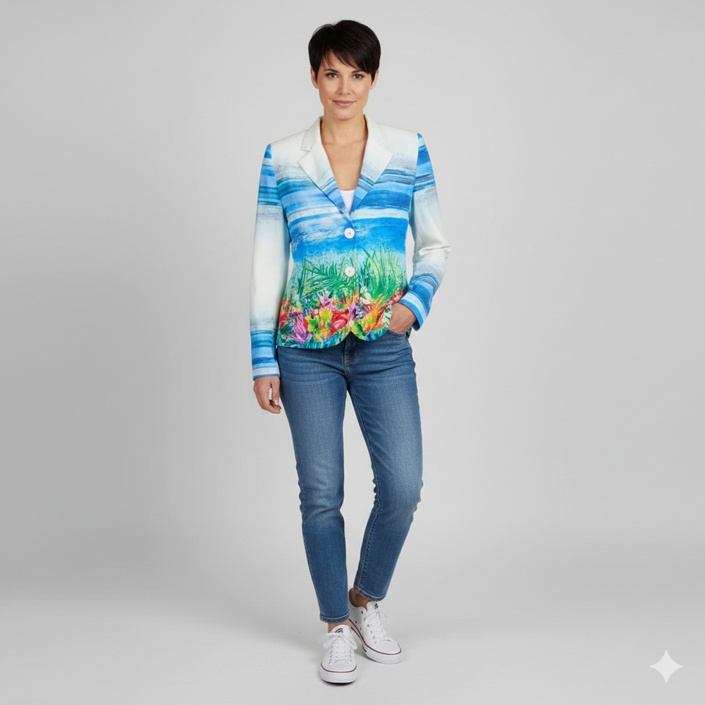 SCAPA Lauren Perre Womens 12 Floral Ocean Scene White Blue Blazer Jacket